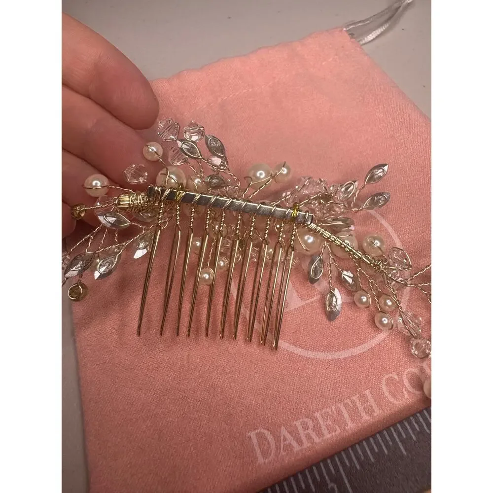 NEW Dareth Colburn Pearl Crystal Bridal Hair Comb Wedding Gold Tone w/ Pouch